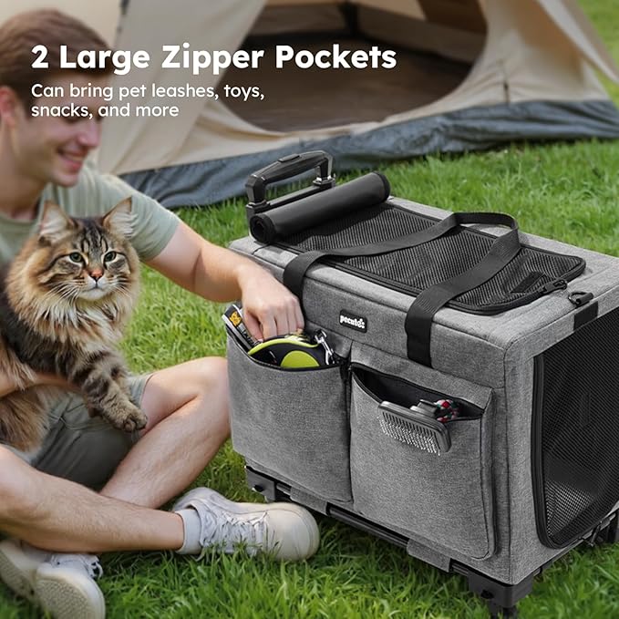 Pecute Cat Carrier with Wheels,Steel Wire Frame Cat Carrier, Stable Pet Trolley Bag for Cats, Pet Handbag and Stroller Bag, Portable Cat Carrier Bag for Car Travel Bus Subway, L, Grey