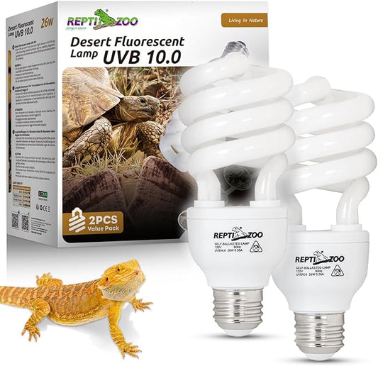 REPTI ZOO UVB Light for Desert Reptile 2 Pack, 10.0 26W UVA UVB Reptile Light Bulb, UVB Spiral Compact Lamp for Bearded Dragons Tortoises Lizards Snakes