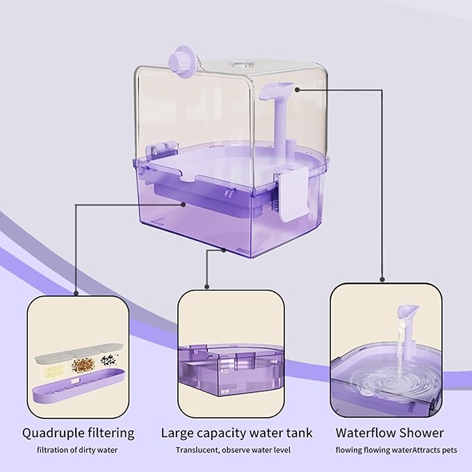 Automatic Bird Baths for Cage – Indoor Parakeet Bath with Pump, Bird Shower with 2 Modes Running Water, Bird Cage Accessory for Pet Birds Conure Budgies Cockatiels Lovebird (Purple)