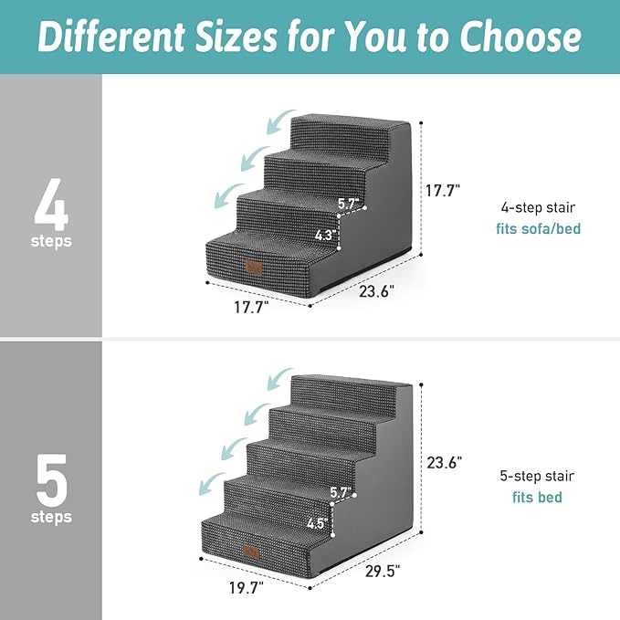 Dog Stairs for Small Dogs, 5 Tier Wider Pet Stairs for High Beds, 23.6" H Non-Slip Dog Steps for Old Cats, Puppies, Small Medium Dogs, 29.5x19.7x23.6 inch, Dark Grey