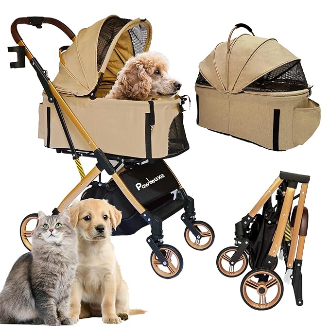 Pet Stroller for Small & Medium Dogs Cats up to 55 lbs 4-in-1 Foldable Travel Pet Stroller with Detachable Carrier Lightweight All-Terrain Spring Damping,Car Seat,Sun Canopy,Khaki