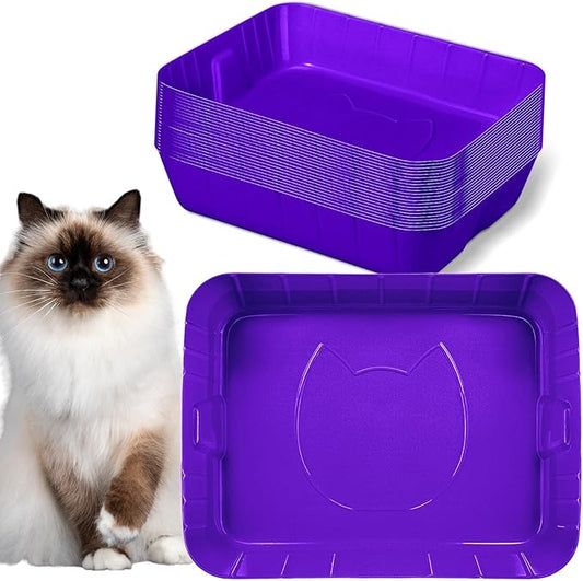 Bokon 25 Pcs Disposable Litter Boxes for Cats Plastic Cat Litter Tray Large Kitten Pan for Kitty Rabbit Guinea Pig Hamster Pets Supplies Travel Home Toilet, 15.7 x 11.8 x 3 Inches (Purple)