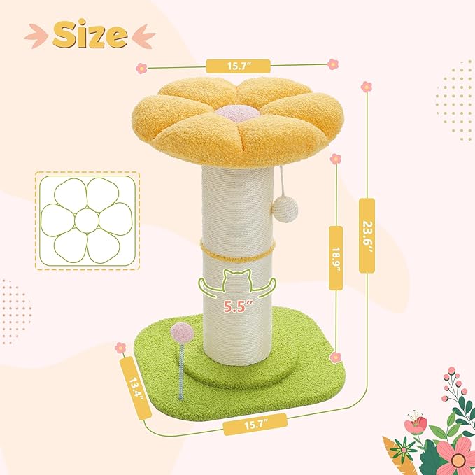 PEQULTI Flower Cat Scratching Post, Small Cat Tree, Scratcher for Indoor Cats with Super Thick Scratching Post [Dia=5.5''], Removable Flower Bed, Cat Scratch Post with Spring Ball, Yellow
