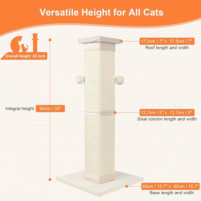 Cat Scratching Post 33 Inch Nature Sisal Cat Scratch Post for Indoor Cats, Large Cat Scratcher Protect Your Furniture, for All Breeds