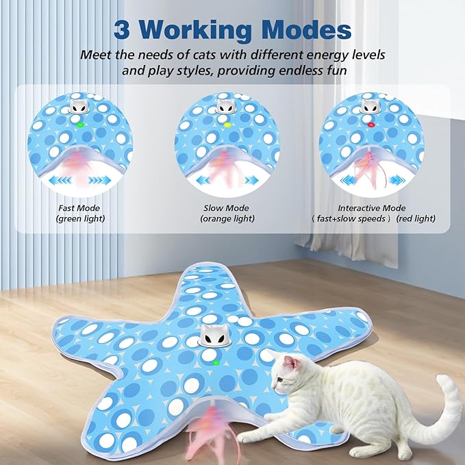 Interactive Cat Toys for Indoor Cats, Rechargeable Hide and Seek Cat Toy with Moving Concealed Feathers, Touch Activated Kitten Toys Cat Exercise Toys, Blue White Cover