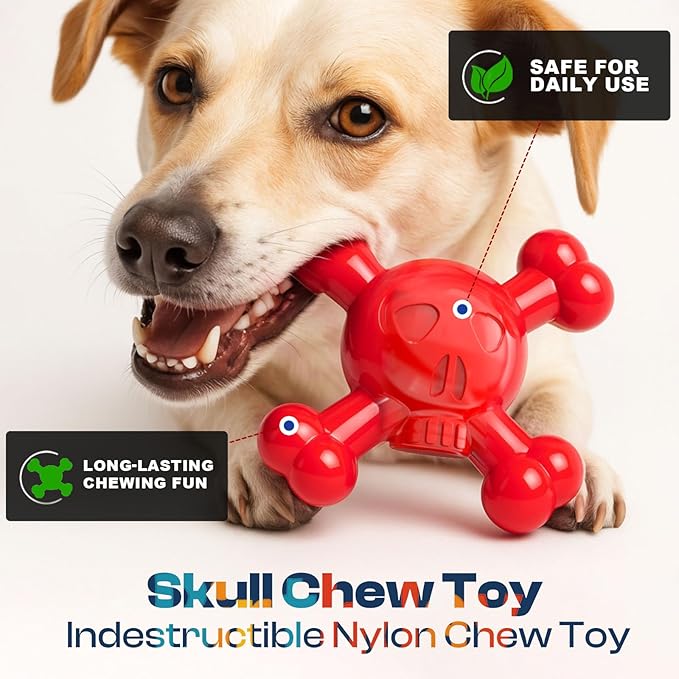 Dog Chew Toys for Aggressive Chewers – Indestructible Nylon Bone for Puppy Teething,Tough Chew Toy for Small Dogs, Bacon Flavor and Outdoor Fun, Skull Design