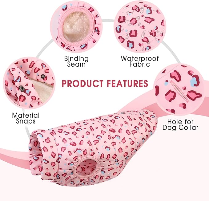 ASENKU Windproof Winter Coat - Waterproof Jacket, Warm Vest for Dogs - Cold Weather Pet Apparel With 2 Layers Fleece Lined for Small Medium Large Dogs (Pink Leopard, 2XL)