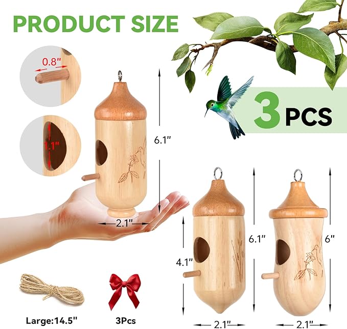 Hummingbird House, Solid Wood Hummingbird Houses for Outside-Exquisitely Handcrafted Birdhouse with Ribbon and String Hanging Kit, Durable Garden Decor, Perfect Gardening Gift (Style-D, 3 Pack)