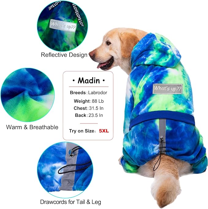 Dog Hoodies Winter Coat for Large Medium Dogs, Pullover 5 Legs Warm Coat Hooded Sweatshirt, Fleece Hoodie for Cold Weather (Bandhnu Green, X-Large)