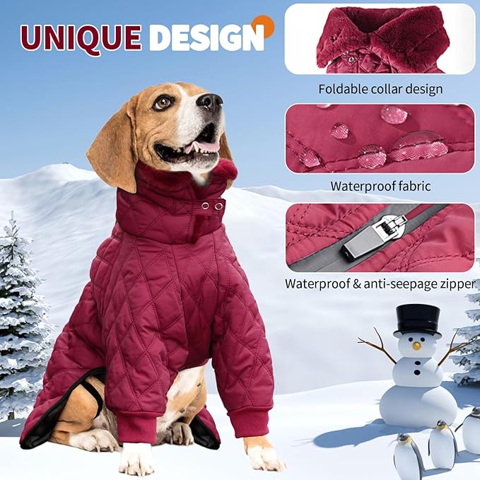 IDOMIK Dog Winter Coat for Medium Dogs, Warm Dog Winter Jacket with Fleece High Collar, Zippered Cold Weather Coats for Dogs, Waterproof Doggy Snow Jacket Clothes,WineRed,M