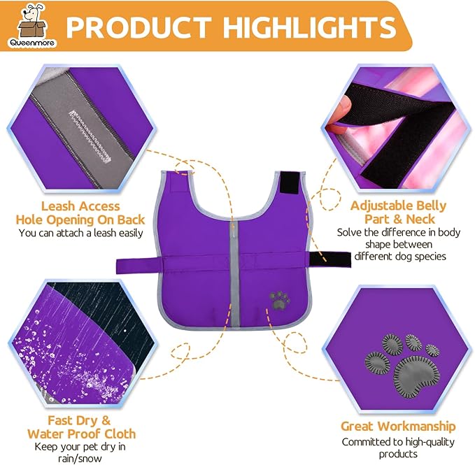 Queenmore Dog Winter Coat, Cold Weather Fleece Jacket for Dogs, Waterproof Reflective Reversible, for Small, Medium and Large Dogs (Purple, L)