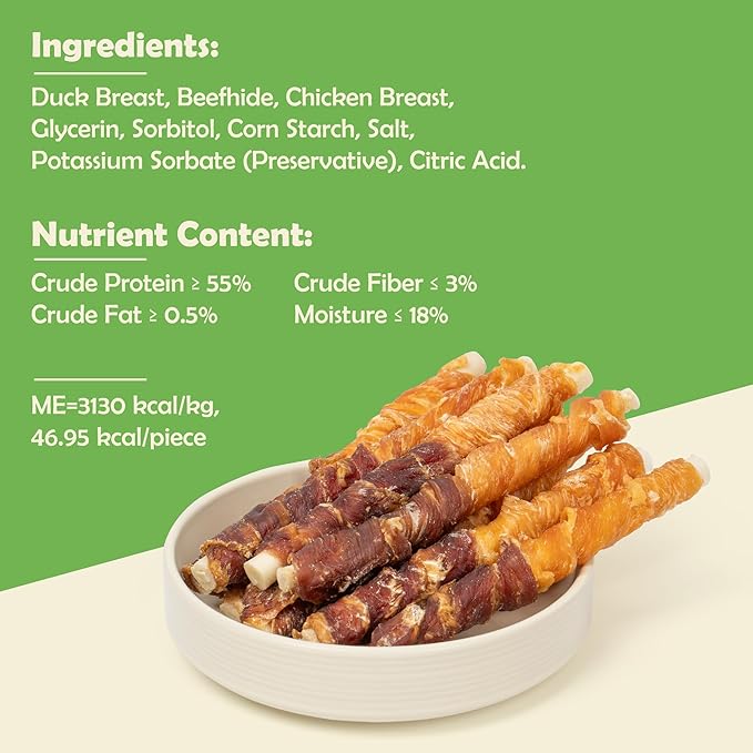 MON2SUN Dog Treats 5 Inch Double Flavor Chicken & Duck Wrapped Rawhide Sticks, Teeth Cleaning for Small Dogs, 21.16 oz (40 Count)
