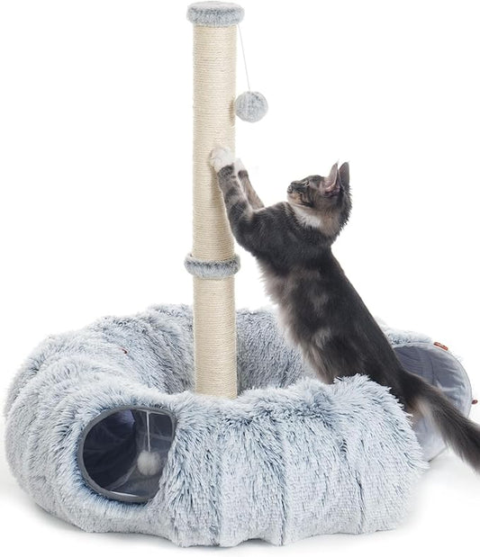 Cat Tunnel Toys for Indoor Cats, 2-in-1 Large Tunnel Bed with 34'' Tall Scratching Post, Interactive Pet Donut Toy for Kitten Puppy Rabbit Play, Grey