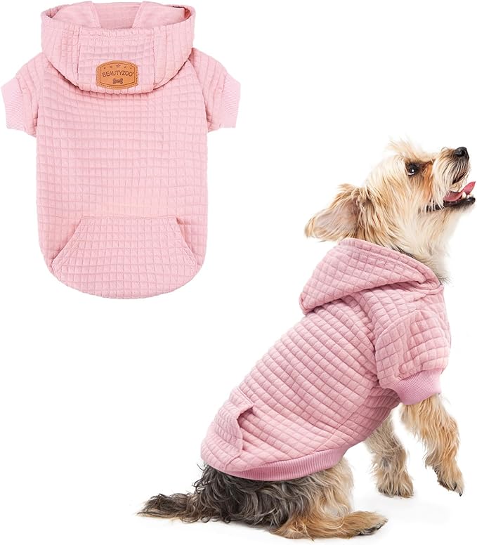 BEAUTYZOO Small Dog Hoodie Sweater with Pockets, Dog Clothes for Small Medium Dogs Boy Girl, Waffle-like Laminated Cotton Pet Coats with Hat and Leash Hole, All Weather Coat for Puppy Doggie Chihuahua
