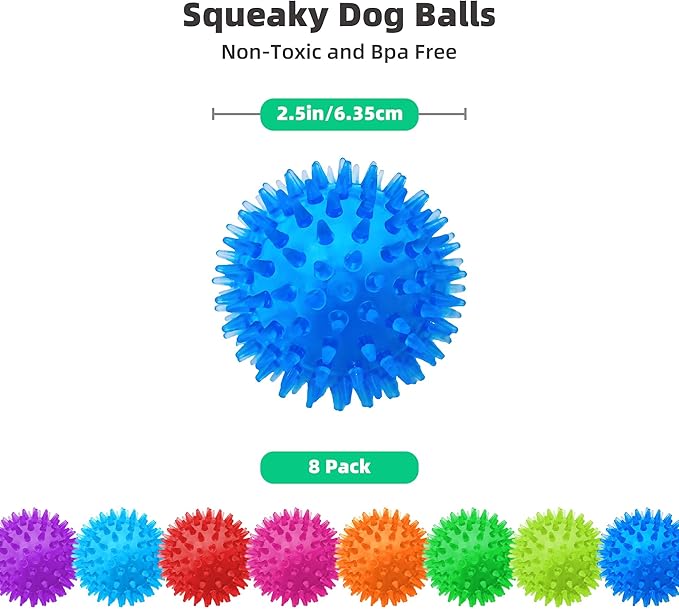 8 Pack 2.5” Squeaky Dog Balls for Small and Medium Dogs, Spiky Balls for Teething Puppies