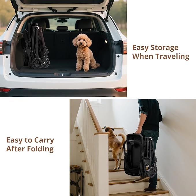 4-Wheel Lightweight Dog Stroller - Foldable Pet Stroller for Cats & Small to Medium Dogs Up to 50 Lbs, with 360° Swivel Wheels, Foot Brake, Weather & Escape Proof Design