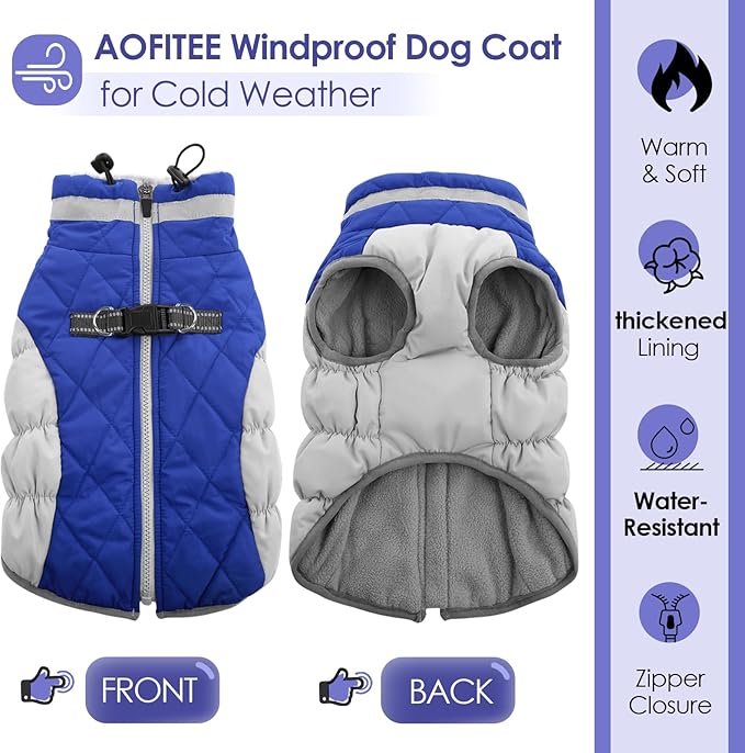 AOFITEE Dog Coat, Warm Dog Winter Coat, Reflective Turtleneck Large Dogs Jacket with Harness Built in, Turtleneck Pet Winter Jacket, Waterproof Pet Snow Jackets Fleece Vest, Blue XL
