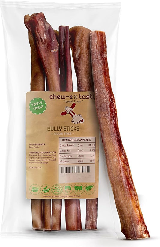 chew-e&tasty 12" Monster Odor Free Bully Sticks (Pack of 5) - Long Lasting Beef Chews - 100% Beef Single Ingredient Made of Digestible High Protein & Low Fat Dental Treats for Large - Very Large Dogs