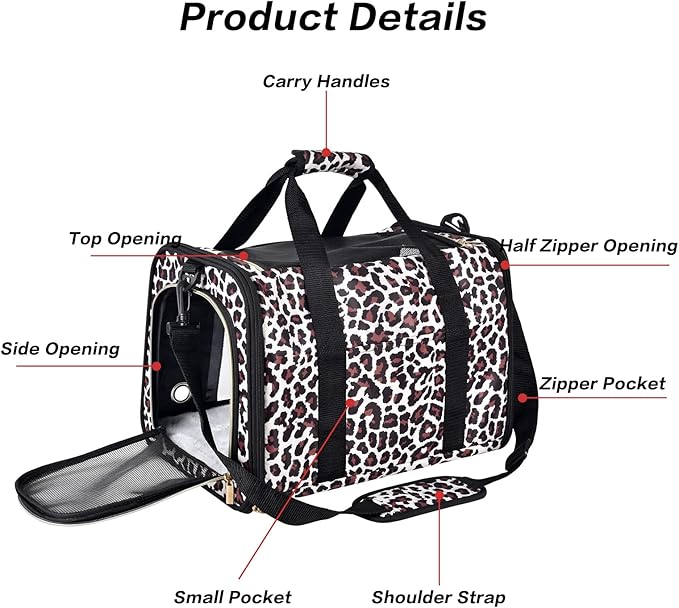 Petmolico Cat Carrier Soft-Sided Pet Bag for Small Medium Cats Puppies 16LBs - Airline Approved Pet Travel Carrier 3 Open Doors (Medium,Leopard)