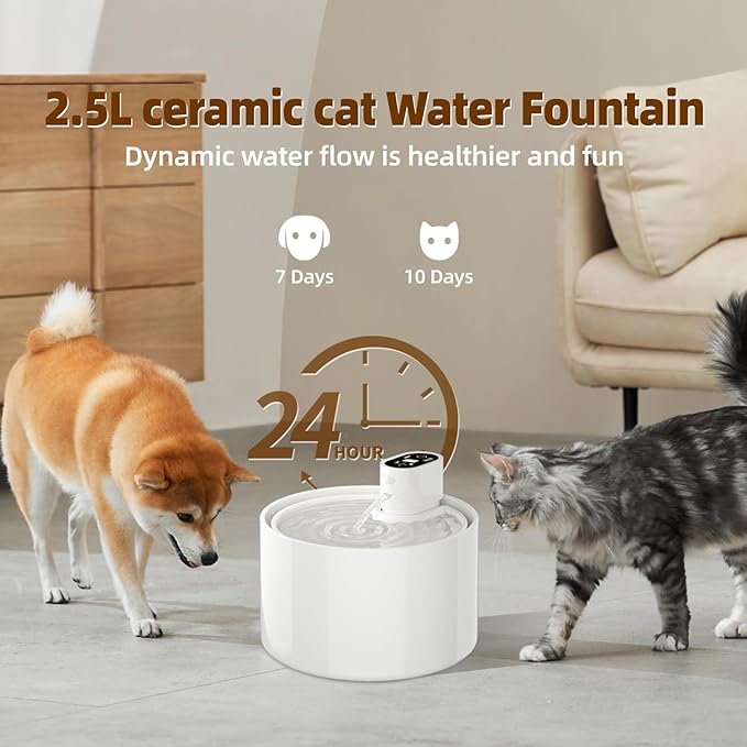 Ceramic Cat Water Fountain,Ceramic Water Fountain for Cats Cordless Automatic with Ultra-Quiet Pump and 4 Filter for Cats, Dogs, Multiple Pets