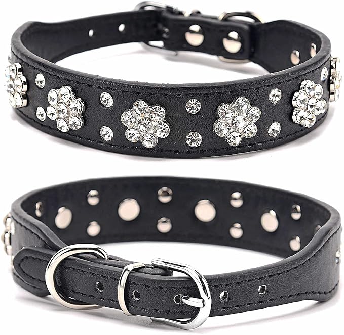 Rhinestone Dog & Cat Collar - Cute Flower Bling Collar, PU Leather, Adjustable Sizes (S, M, L) - Black
