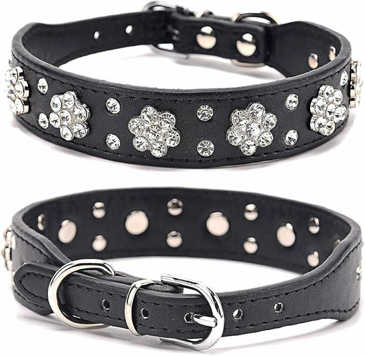 Rhinestone Dog Collar, Cute Flower Rhinestone Cat Dog Collar Bling Collar PU Leather Collar Adjustable Sizes Small Medium Large (XS, Black)