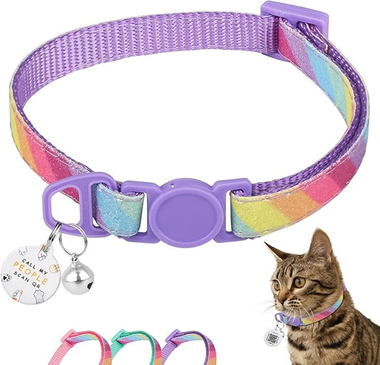 Cat Collar Breakaway with QR Code Name Tag, Glitter Kitten Collars with Bell, Cat Tags Personalized, Ultra-Durable, Comfortable, Quick Release, Fits Most Girl Boy Cats and Puppies (8"-13.5")