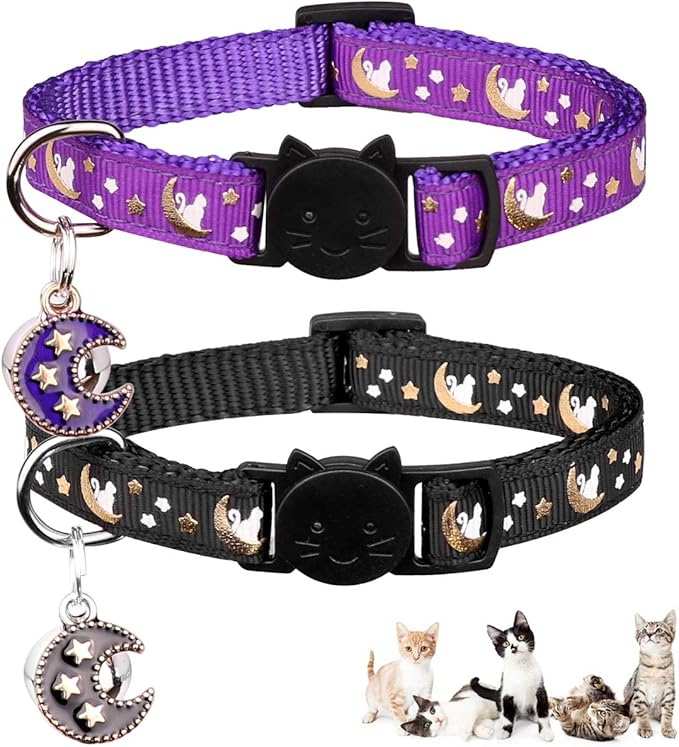2Pcs Breakaway Cats Collars Cat Collars for Boy & Girl Cats Moons Adjustable Kitten Collars with Bell & Pendant Glow in The Dark,Purple+Black