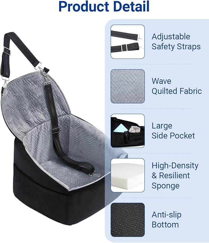 Dog Car Seat for Small Dogs, Pet Booster Seat with Extendable Backrest, Pet Car Seats up to 30 lbs, Washable Removable Cover Travel Bed with Storage Pockets and 2 Safety Leashes, Black&Grey