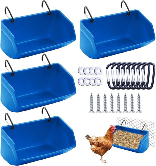 Fence Hanging Chicken Feeder - 4 Pack Feed Trough with Clips for Goat Duck Sheeple Horse Goose, Pig Poultry, Chicken Feeder Bucket Feeding Container for Livestock (Blue)