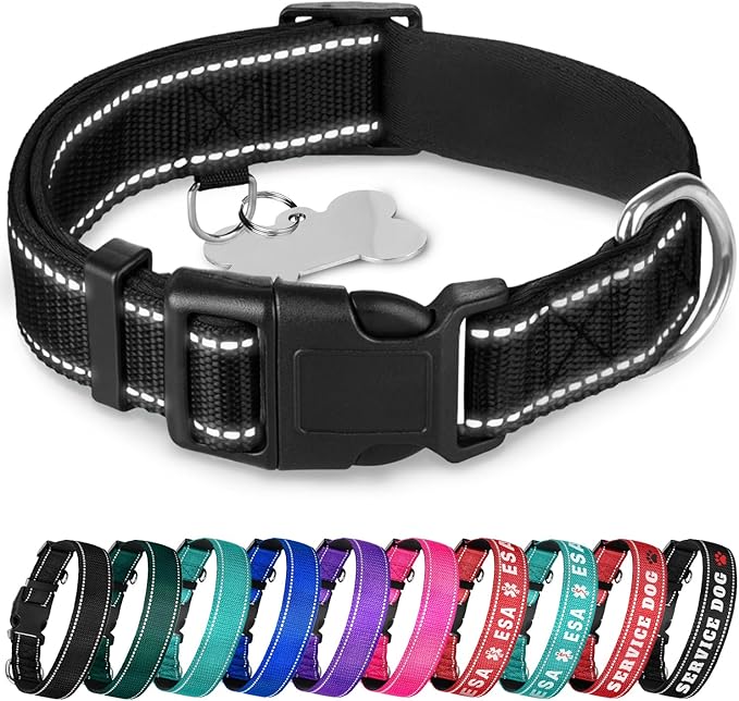 TECEUM Reflective Dog Collar – Black – XL – Extra Soft Padding – Basic Nylon Pet Collar – Quick Release Buckle – Fits Small, Medium and Large Dogs, Puppies, Cats – ESA & Service Dog Options