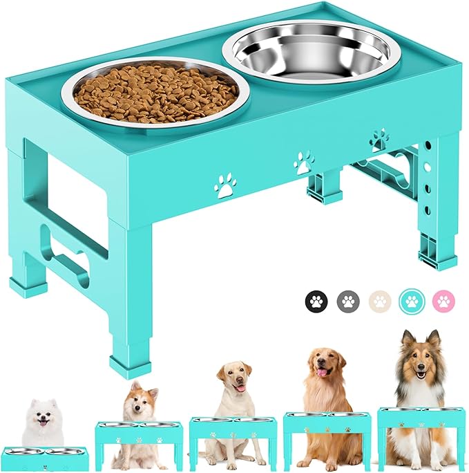 Elevated Dog Bowls with 2 Stainless Steel Bowls, Raised Dog Food Bowl Stand 5 Height Adjustable (3.1", 9", 10", 11", 12") Non-Slip Feeder Set for Medium and Large Dogs - Turquoise