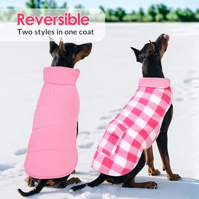 ASENKU Dog Winter Coat, Fleece Doggie Jacket Plaid Reversible Vest Waterproof Windproof Cold Weather Clothes for Small Medium Large Dogs (L, Pink)