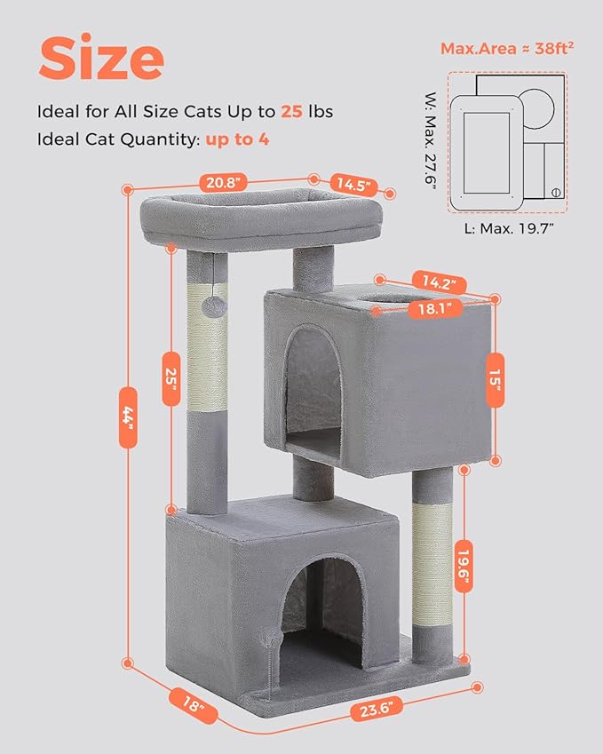 XL Cat Tower 44" Cat Tree for Large Cats 20 lbs+, 2 Spacious Condos with 3.4" Thickened Scratching Post, Large Top Perch, 2 Interactive Toys, Grey