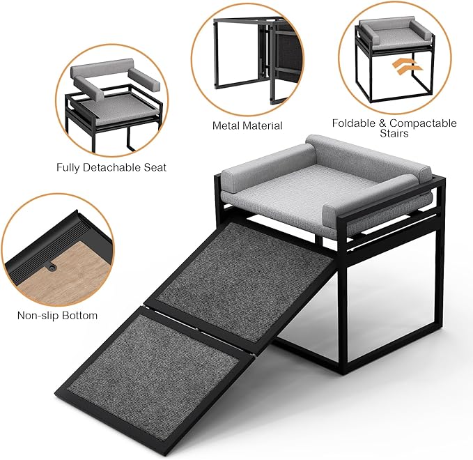 Pet Stairs Ramp Dog with Detachable 20% Wider Seat Mate,Companion Chair Platform for Small Doggie and Cat,Dachshund Puppy Non-Slip Ladder Perch,Doggy Step for High Bed Window Sofa Office Grey