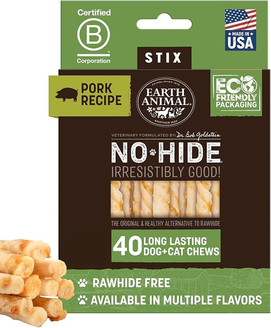Earth Animal No-Hide Stix Pork Recipe Natural Rawhide Alternative Dog & Cat Chews - 40 Count Extra Value Pack