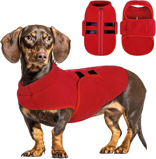 Queenmore Soft Fleece Dog Jacket, Warm Winter Dog Clothes with Leash Hole, Dachshund Sweater for Small Dogs Cats Boy or Girl (Red, XS)