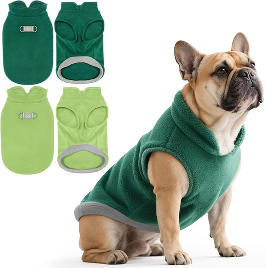 Idepet 2 Pack Dog Fleece Vest Sweater Warm Pullover Jacket with D-Ring Leash Reflective Winter Coat Hoodie for Small Medium Dogs Puppy Cat Pet Clothes (Dark Green&Grass Green, X-Large-French Bulldog)