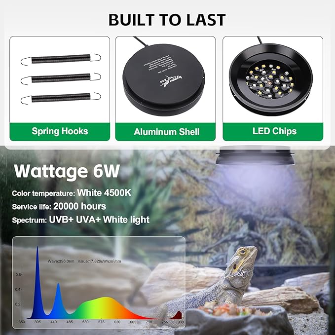 UVB Light for Reptiles with Dimming, LED UVB Light Bulb Fixture for Bearded Dragon Gecko Lizard Turtle Snake, Adjustable Brightness UVA UVB Lamp for Tropical & Desert Reptile Tank Accessories 6W Black