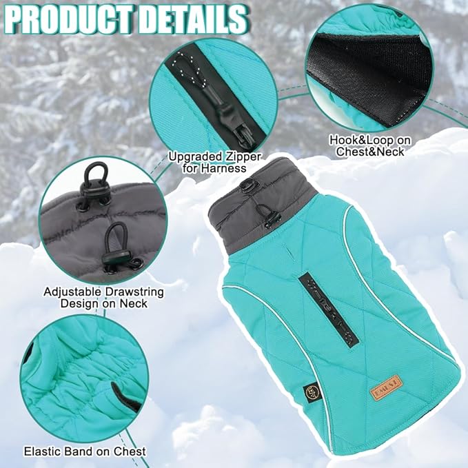 EMUST Winter Coat for Large Dogs, Windproof Dog Jacket for Cold Weather, Extra Warm Dog Winter Clothes for Small Medium Large Dogs, Turquoise, XXL