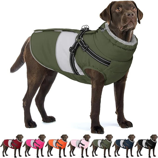 AOFITEE Dog Coat Warm Dog Winter Coat, Waterproof Dogs Jacket with Harness, Dogs Snow Jacket Snowsuit with Zipper & Furry Collar, Reflective Windproof Pet Sweater for Cold Weather, French Bulldog, L