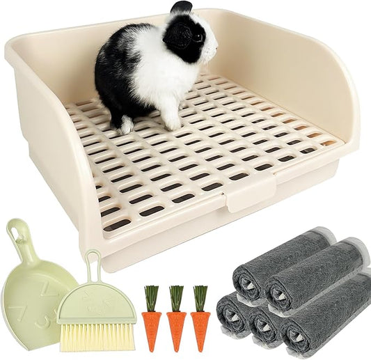 Rabbit Litter Box for Cage with Grate, Large Rabbit Litter Pan for Bunny, Ferret, Guinea Pig, Chinchilla, Easy Clean Small Animal Potty Tray for Toilet Training (Cream)