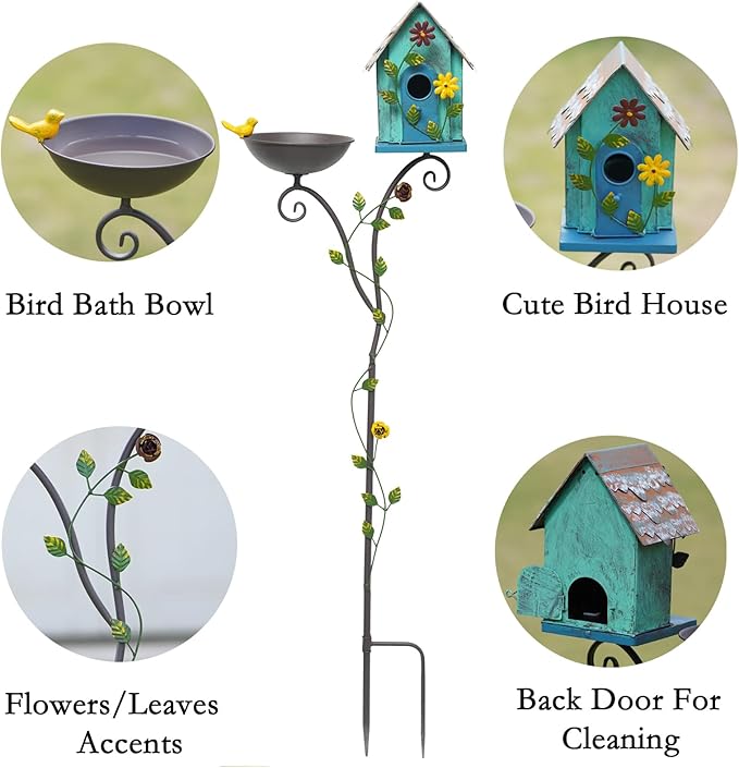 52" H Metal Bird Bath, Bird House for Outdoors, Birdbath Bowl and Birdhouses with Pole for Outside Garden Yard Decoration Bird Feeder Seed Tray