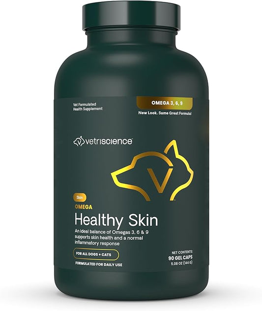 VetriScience Omega Healthy Skin Capsules, Omega 3.6.9 Fish Oil Supplement for Dogs and Cats, Skin Health, Coat Growth, Reduce Shedding, Over 750 mg Omega Fatty Acids per Capsule, Gel Caps, 90 Count