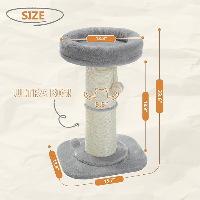 PEQULTI Cat Scratching Post, Tall Cat Scratcher for Indoor Cats with Super Thick Scratching Post [Dia=5.5''], Removable Fluffy Bed, Cat Scratch Post with Spring Ball, Grey