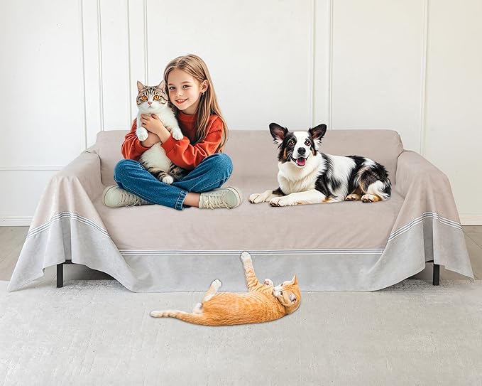 Living Room High Stretch Sofa Cover Pets Dogs Friendly, Cat Scratch Furniture Protector - Anti-Slip, Waterproof Sofa Cover to Keep Cats Off, Anti-Scratch Couch Cover for Pets and Kids 150"X91"Khaki