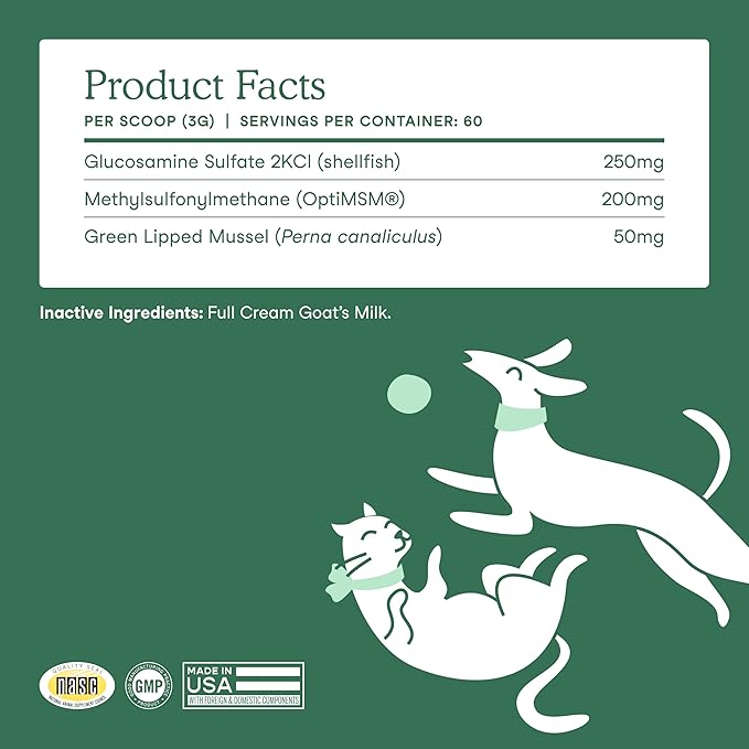 Fera Pets Goat Milk - Cat & Dog Hip and Joint Support with Glucosamine, MSM & Green Lipped Mussel - Supports Flexibility, Mobility & Bone Health - for Picky Eaters - 60 Tsps