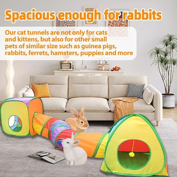 Cat Tunnels for Indoor Cats, Rabbit Tunnel,Pop Up Collapsible Crinkle Interactive Peek Hole, Cat Tube with Play Ball and Bell for Kitten, Puppy, Kitty, Rabbit - Set of 3