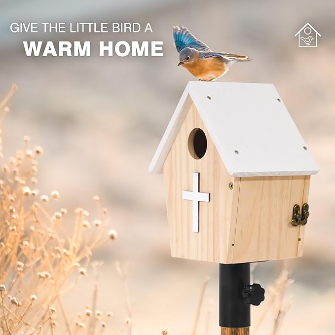 Church Style Large Bird House for Outdoor with Metal Tube, Thicken Wooden Hanging Birdhouse with Clear View Panel Clear View Panel Predator Guard Nesting Box for Swallow Wren Chickadee