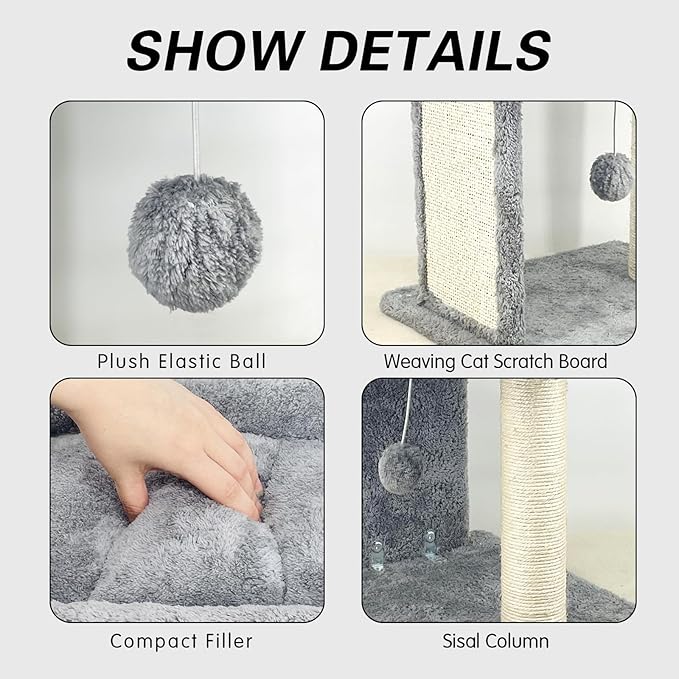 Cat Scratching Post Small Cat Tree with Cat Self Groomer, 17.3x13.4” Wide Top Bed, Natural Scratch Post and Danging Ball Great for Kittens and Average Indoor Cats-Grey